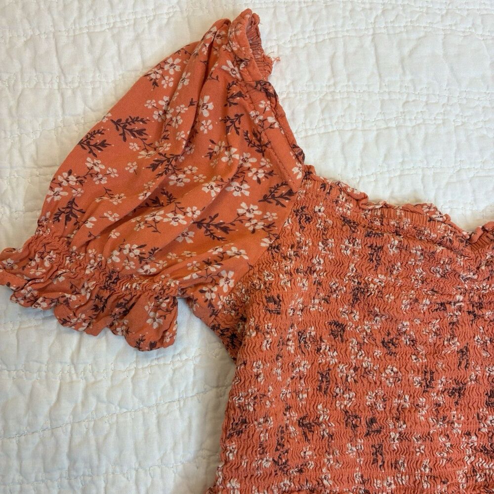 Patrons of Peace Peplum Top Womens Small Orange Floral Smocked Crop Milkmaid - Picture 7 of 10